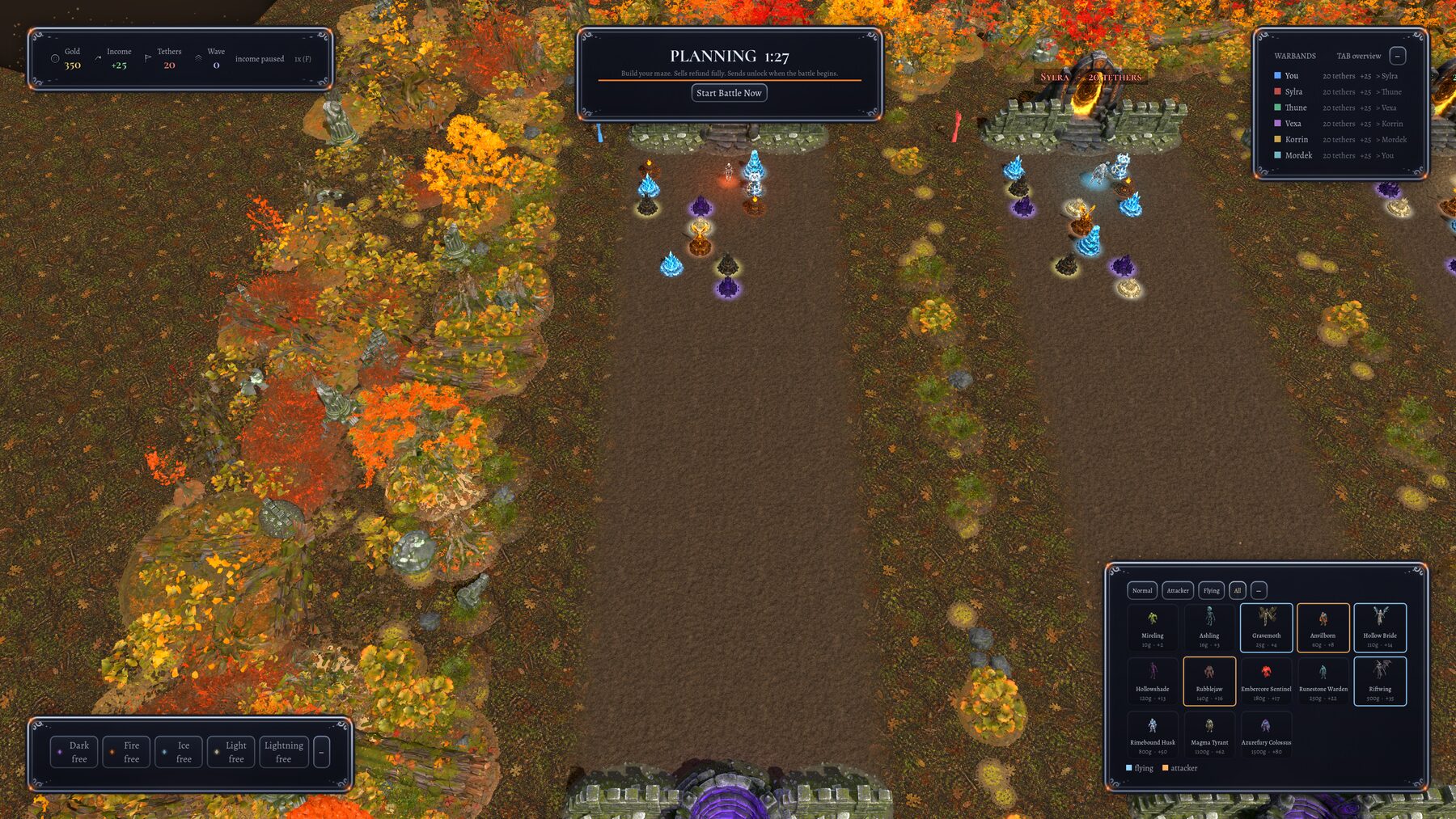 Line Tower Wars during the planning phase, towers taking shape at the gates while the send menu and warband ledger frame the lane